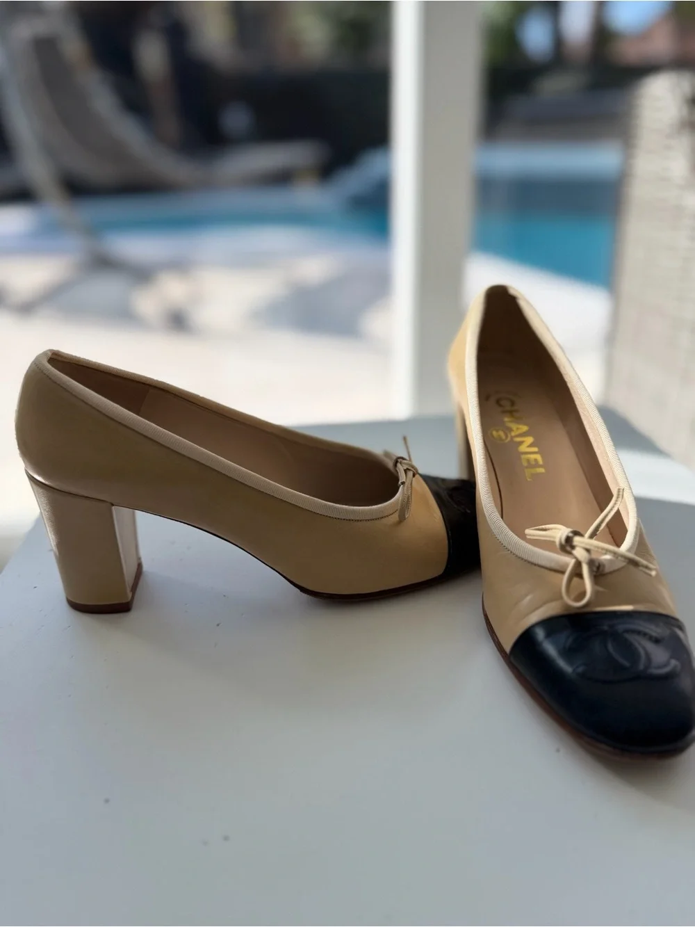 Chanel Beige and Black Cap-Toe block heel pumps